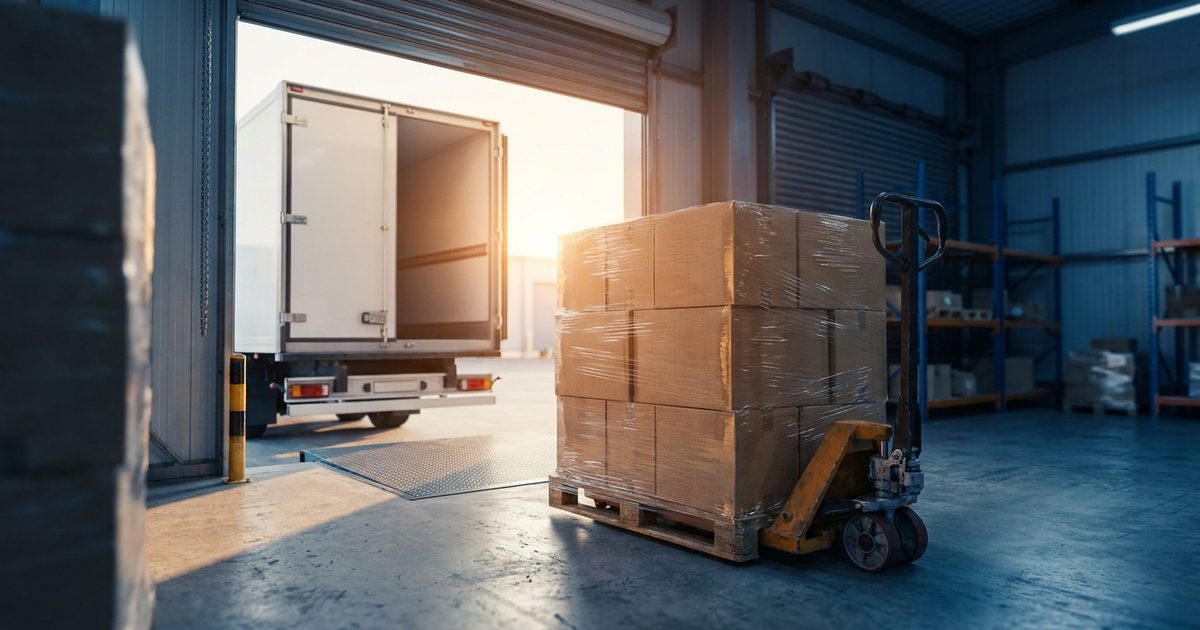 A pallet of shrink-wrapped cartons on a pallet truck at an open loading bay as a lorry stands at the dock in early morning light, illustrating a new seller's stock arriving.