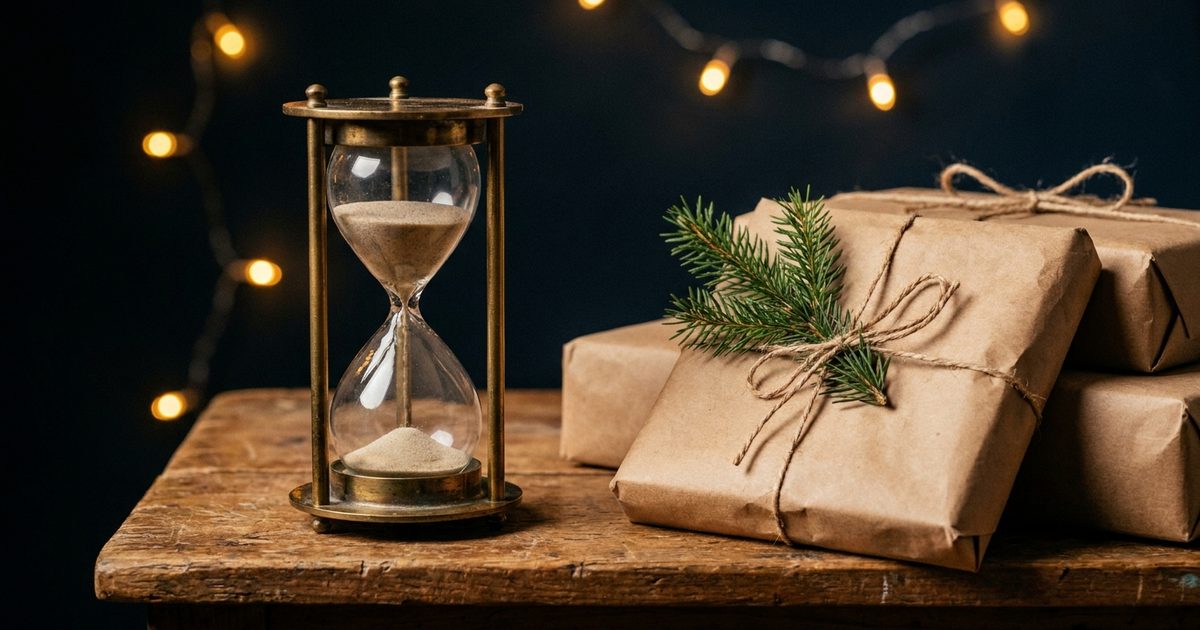 A brass hourglass with its sand nearly run through beside parcels wrapped in brown paper, string and a sprig of evergreen, fairy lights glowing behind, illustrating the last days to order before Christmas.