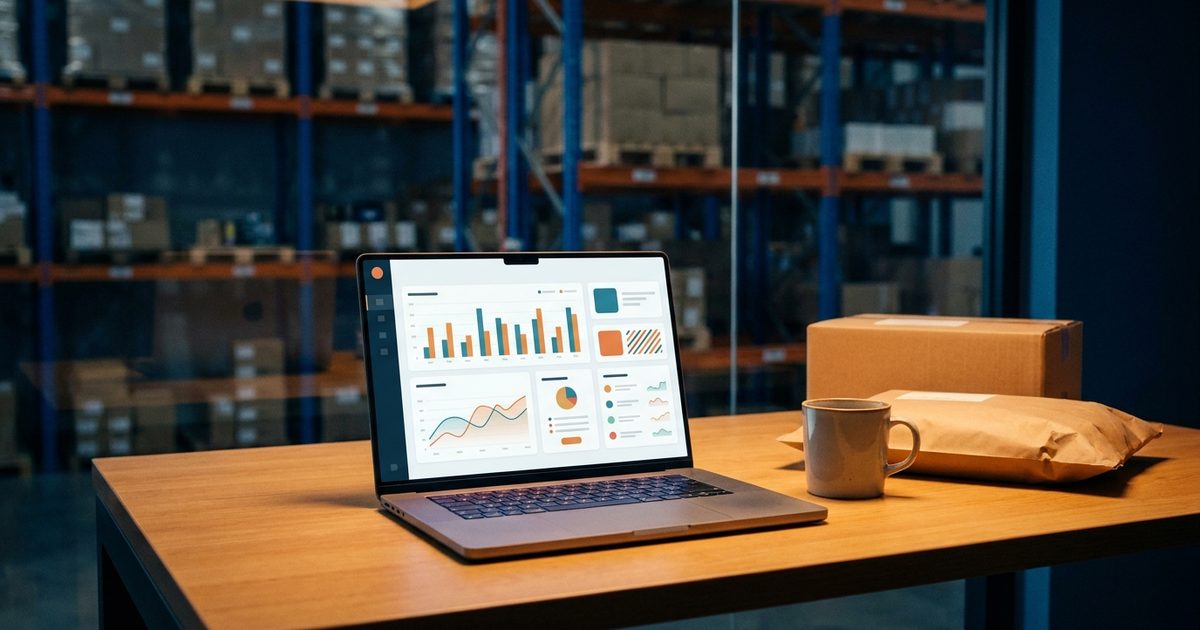 A laptop on a warehouse office desk showing a dashboard of charts, with a coffee mug and parcels beside it and racking behind the glass, illustrating a client portal.