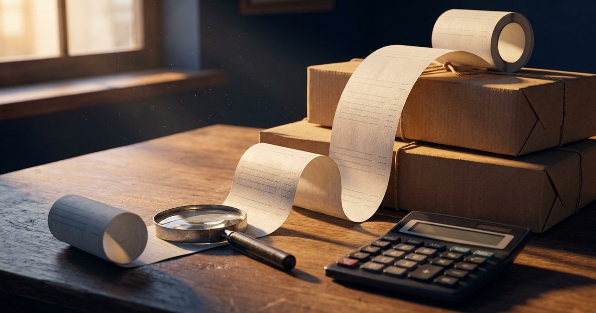 A long receipt curling across parcels on a desk beside a magnifying glass and a calculator, illustrating fulfilment charges that are easy to miss.