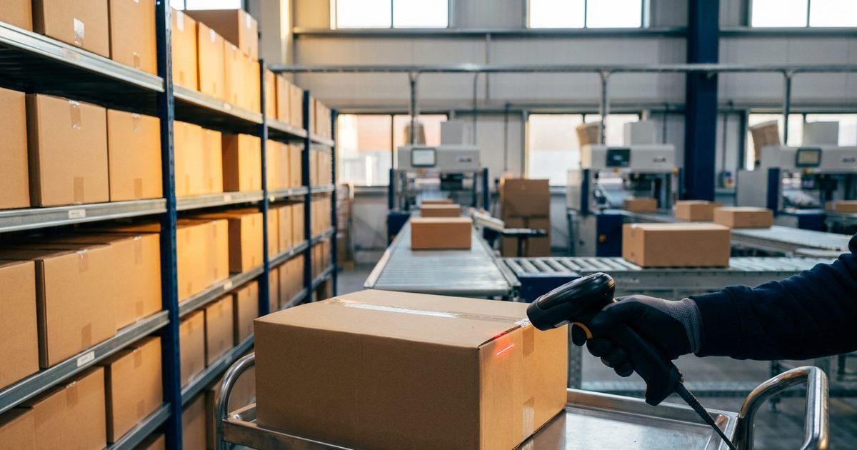 A gloved hand scanning a plain cardboard box on a trolley with a handheld scanner, beside racking of cartons and parcels moving along conveyors to packing stations, illustrating stock being counted in and out of a warehouse.