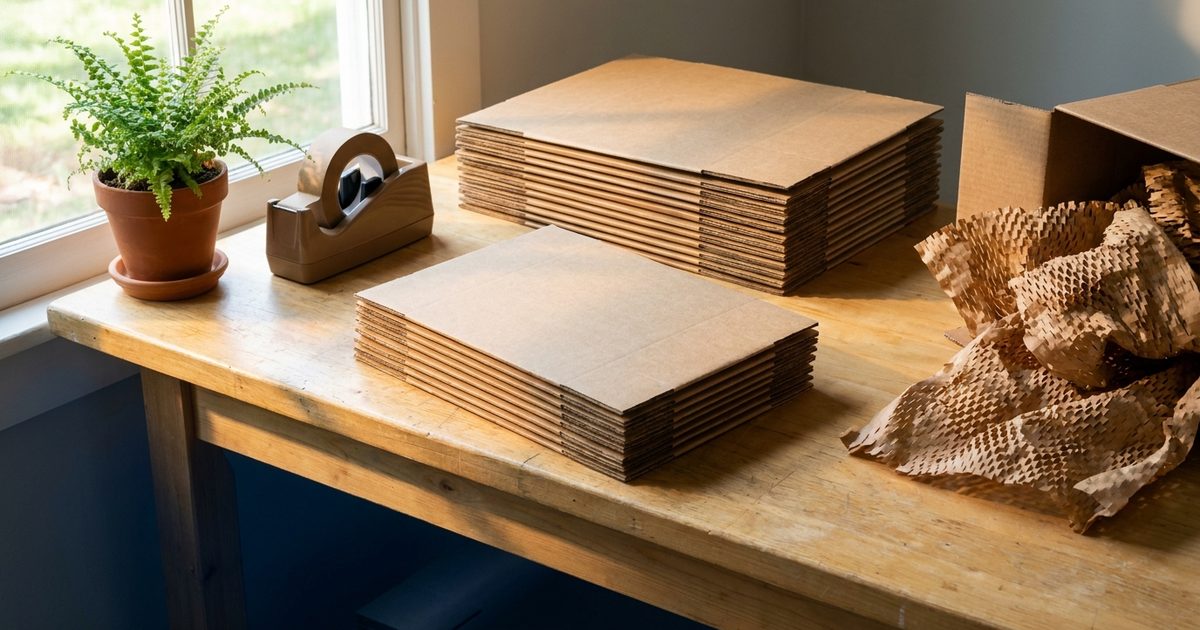 Flat-packed cardboard mailers, kraft paper void fill and a tape dispenser on a wooden bench by a window with a potted fern, illustrating packaging and what it costs to recycle.