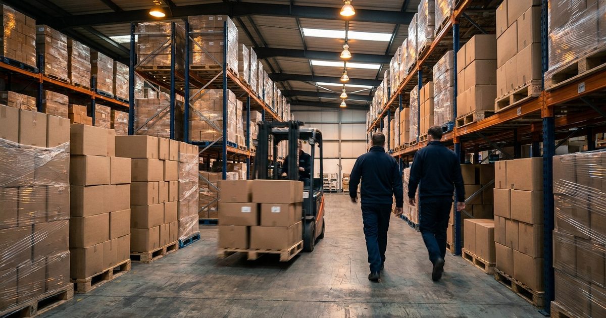 A forklift carrying a pallet of cartons down an aisle of tall racking stacked with wrapped pallets, two workers walking ahead, illustrating a warehouse at peak season.