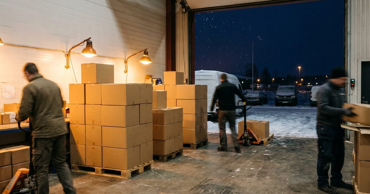 Workers moving stacks of plain cartons by an open loading bay door on a snowy winter evening, illustrating the run up to peak season and the costs that come with it.