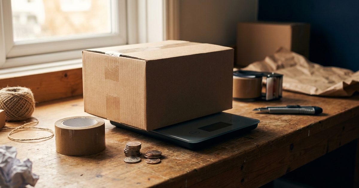 A plain cardboard parcel on a postal scale on a wooden bench, with a few coins, a roll of tape and a ball of twine beside it, illustrating what a parcel costs to post.