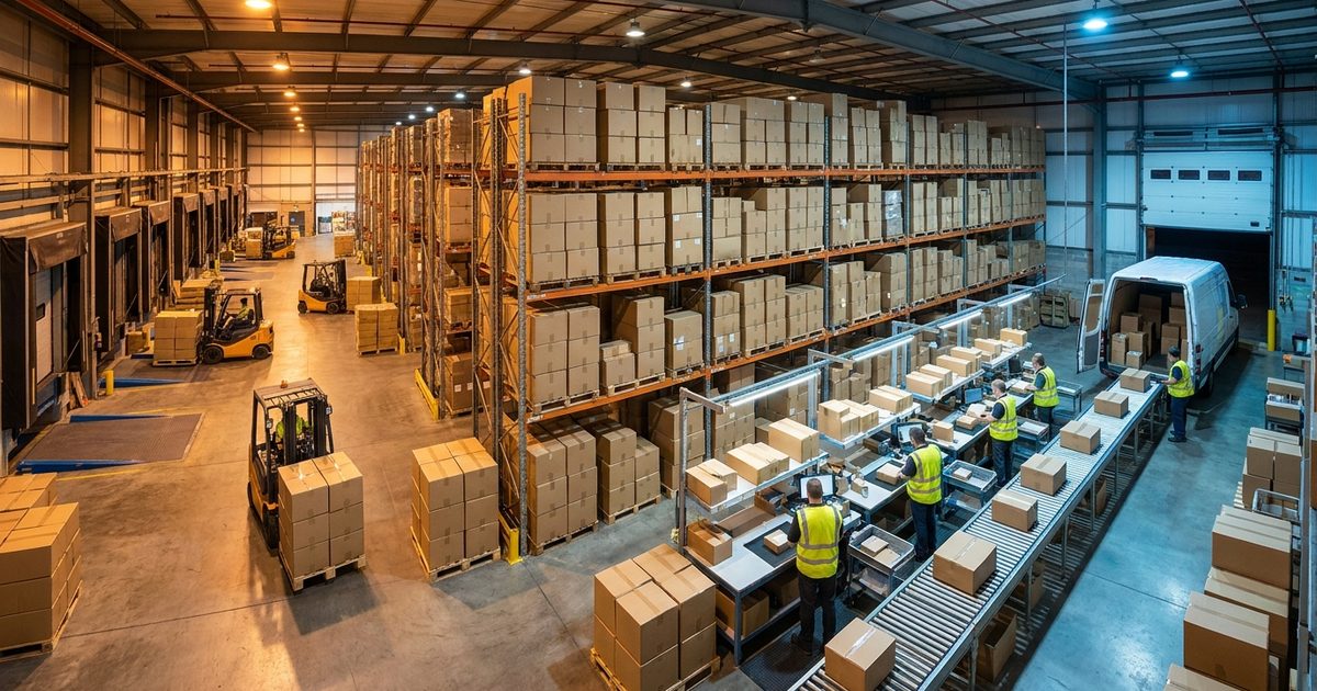 A wide view of a busy warehouse with a receiving dock, forklifts, tall racking, packing stations along a conveyor and a van being loaded, illustrating everything a 3PL does under one roof.